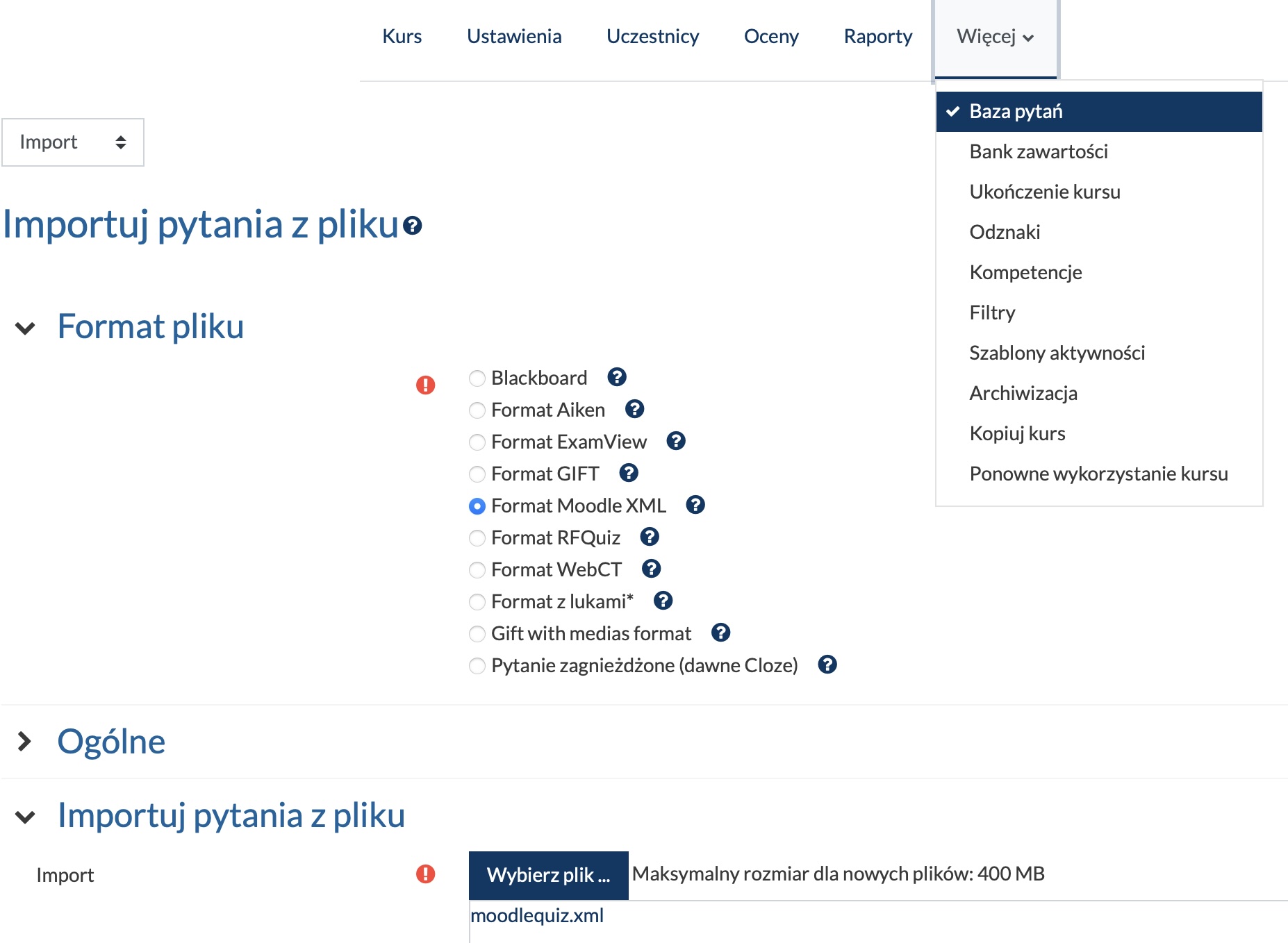 Importowanie pytań do bazy pytań – moodle